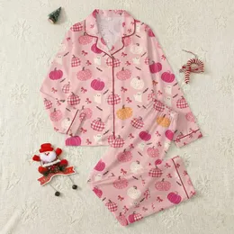 Women's Whimsical Hand-Drawn Pastel Pink Pumpkin Ghost Bat Spiderweb Pattern with Magenta & Fuchsia Accents Satin Pajamas Set