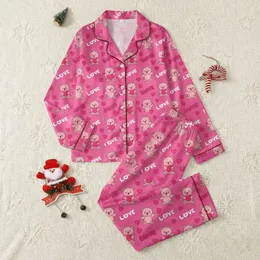 Women's Rich Bright Pink Cute Cartoon Teddy Bear Pattern with Light Pink Bears, Vibrant Hearts, 'LOVE SWEET' Text Satin Pajamas Set