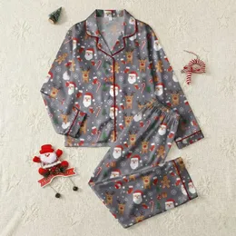 Women's Muted Purplish-Grey Christmas Santa Reindeer Gingerbread Snowflake Pattern Satin Pajamas Set