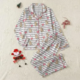 Women's Whimsical Tan Teddy Bears Holding Vibrant Pink Heart Balloons on Muted Grey Striped White Satin Pajamas Set