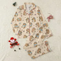 Women's Whimsical Capybara Beige Pattern: Blue Headphones, Pink Flowers, Purple Crowns & Stars Satin Pajamas Set