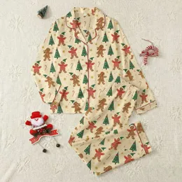 Holiday Enthusiasts' Whimsical Hand-Drawn Gingerbread, Forest Green Christmas Tree, Golden Star & Candy Cane Pattern on Creamy Champagne Satin Pajamas Set