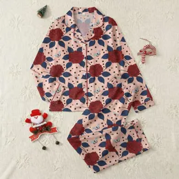 Women's Elegant Peachy Pink Dark Red Rose Navy Butterfly Illustrative Pattern Satin Pajamas Set