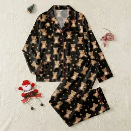 Women's Whimsical Flat Graphic Light Brown Tan Teddy Bear Playful Poses Hearts & Stars Pattern on Black Satin Pajamas Set