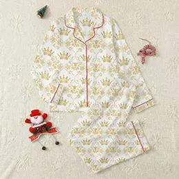 Women's Elegant White Gold Ornate Crown Floral Sprig Tendril Pattern Satin Pajamas Set