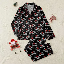 Women's Bold Black White Red 'I Heart My Husband' Typographic Repeat Pattern Satin Pajamas Set