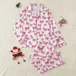 Women's Playful Bright Pink Cartoon Bows All-Over Scattered Pattern Satin Pajamas Set