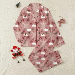 Women's Elegant Dusty Rose Intricate Snowflake Muted Gold Bells Winter Foliage Pattern Satin Pajamas Set