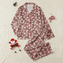 Women's Muted Dusty Rose Hand-Drawn Ditsy Floral White Blossom Botanical Pattern Satin Pajamas Set