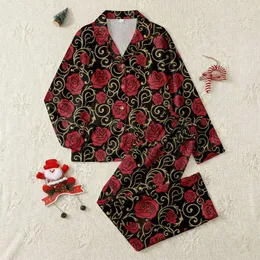 Women's Stylized Crimson Rose & Antique Gold Filigree Seamless Black Pattern Satin Pajamas Set