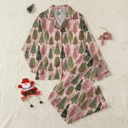 Women's Enchanted Winter Folk Art: Blush Pink Background, Painterly Sage Green & Olive Trees, Berry Accents Satin Pajamas Set