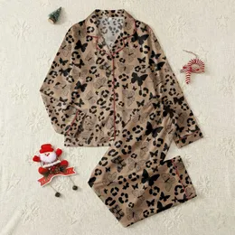 Women's Soft Taupe Brown Leopard Print Spots & Black Intricate Butterfly Pattern Satin Pajamas Set