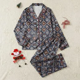 Women's Interlocking Geometric Tribal Print in Navy, White & Terracotta Brown Satin Pajamas Set