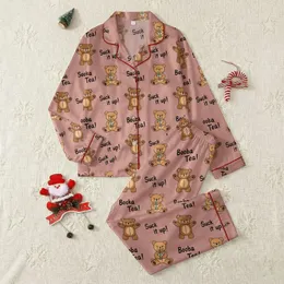 Women's Muted Dusty Pink Repeating Boba Tea Teddy Bear Pattern & Playful Text Satin Pajamas Set
