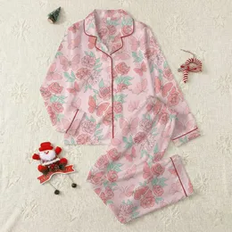 Women's Pastel Pink Illustrative Butterfly Peony Rose Floral Teal Leaf Design Satin Pajamas Set
