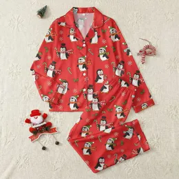 Christmas Lovers' Vibrant Red Cartoon Penguin Holiday Candy Cane Holly Pattern Satin Pajamas Set