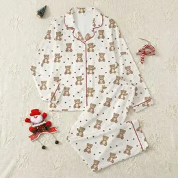Women's Cute Cartoon Teddy Bear & Playful Pink Hearts Off-White Seamless Pattern Satin Pajamas Set