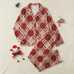Women's Rich Burgundy Red & Cream Intricate Ornamental Floral Filigree Pattern Satin Pajamas Set