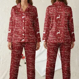 Women's Vintage Red Christmas Calligraphy Reindeer Nordic Pattern Satin Pajamas Set