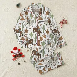 Women's Vintage Western Cowboy Bronco Cactus Lasso Hand-Drawn Sage Green Tan Pattern Satin Pajamas Set