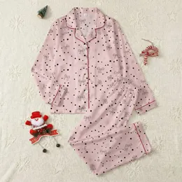 Women's Delicate Pastel Pink Black Polka Dot Bows Muted Floral Line Art Satin Pajamas Set