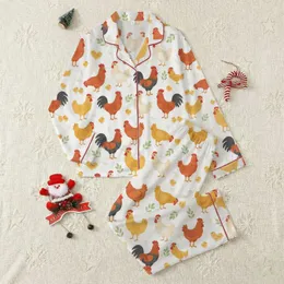 Women's Whimsical Farm Rooster Hen Chick Flat Art Rust Yellow Green White Pattern Satin Pajamas Set