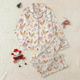 Women's Whimsical Red-Brown Hen, Blush Rose & Lemon Floral White Watercolor Design Satin Pajamas Set