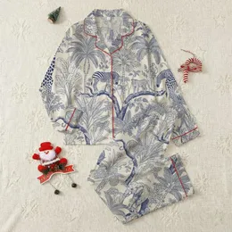 Women's Cream Navy Intricate Safari Jungle Animal Toile Pattern Satin Pajamas Set