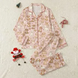 Women's Blush Pink Illustrative Puppy Pattern featuring Tan Brown Beagles, Retrievers, Paw Prints Satin Pajamas Set
