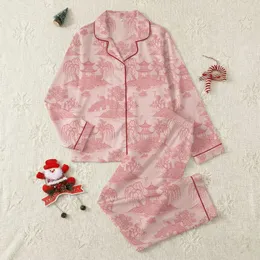 Women's Elegant Chinoiserie Toile Pale Blush Pink Dusty Rose East Asian Pagoda Landscape Satin Pajamas Set