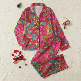 Women's Scarlet Red Chinese Phoenix Peony Floral Repeat Pattern Fuchsia, Emerald, Electric Blue Satin Pajamas Set