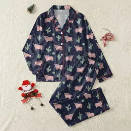 Kids' Whimsical Illustrative Pastel Pink Highland Cow Mint Cactus Navy Pattern Satin Pajamas Set