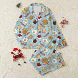Women's Light Blue Illustrative Breakfast Pattern: Golden Eggs, Crispy Bacon, Pancakes & Coffee Satin Pajamas Set