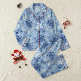 Women's Dusty Blue Hand-Drawn Sapphire Sky Sea Turtle & Sandy Beige Coral Design Satin Pajamas Set