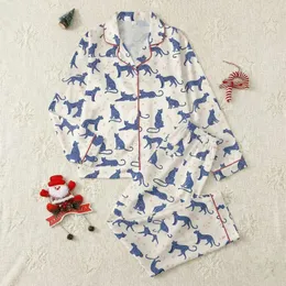 Women's Whimsical Indigo Blue Leopard & Pastel Pink Starry Celestial Hand-Drawn Pattern Satin Pajamas Set