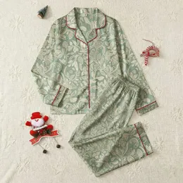 Women's Muted Sage Botanical Vines & Creamy Beige Lace Filigree Pattern Satin Pajamas Set