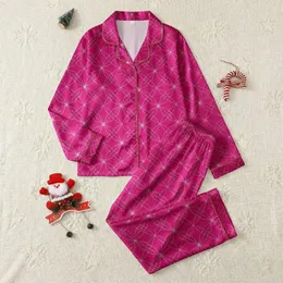 Women's Vibrant Magenta Abstract Tessellation with White Geometric Lace Lines Satin Pajamas Set