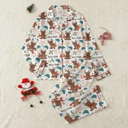 Women's Festive Off-White Cartoon Reindeer, Teal Santa Hats, Holly, Golden Bells, & 'Merry & Bright' Text Pattern Satin Pajamas Set