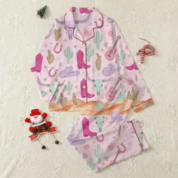 Women's Hand-Drawn Whimsical Desert Pastel Pink Steer Skull Cactus Boot Star Pattern Satin Pajamas Set