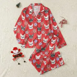 Women's Illustrative French Bulldog & Rose Floral Pattern with Grey, Pink, Lavender on Bright Red Satin Pajamas Set