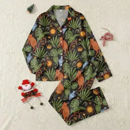 Women's Sepia Tropical Jungle Leopard Palm Sun Ancient Pottery Hand-Drawn All-Over Pattern Satin Pajamas Set