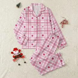Women's Modern Geometric Fuchsia Pink White Delicate Plaid Flat Vector Satin Pajamas Set