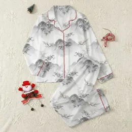 Women's Serene East Asian Ink Wash Grey Mountain Bamboo Cherry Blossom Print Satin Pajamas Set