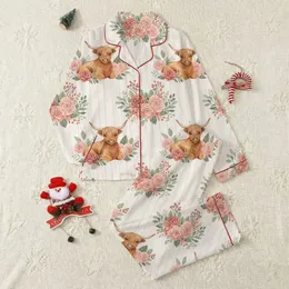 Kids' Whimsical Watercolor Highland Cow Rustic Blush Rose Sage Floral Satin Pajamas Set