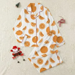 Women's White & Bright Orange Hand-Drawn Citrus Fruit Pattern: Minimalist Whole Oranges, Slices, & Pulp Satin Pajamas Set