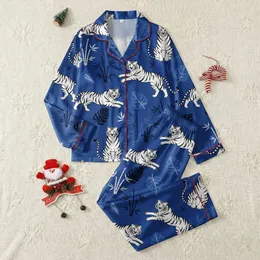 Women's Deep Royal Blue Whimsical White Tiger Black Stripe Jungle Motif Pattern Satin Pajamas Set