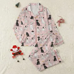 Women's Pastel Pink Whimsical Dog Black White Speckled Puppy All-Over Print with Colorful Bow Accents Satin Pajamas Set