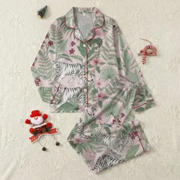 Women's Muted Pink Illustrative White Tiger Jungle Botanical Repeat Pattern Satin Pajamas Set