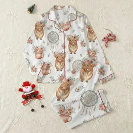 Women's Highland Cow Floral Crown Watercolor Pattern Teal Mandala Dusty Rose Terracotta Satin Pajamas Set