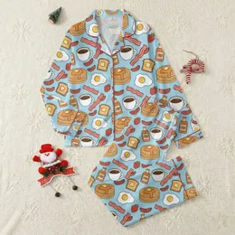 Women's Whimsical Sky Blue Breakfast Golden Pancakes Bacon Eggs Toast Strawberries Design Satin Pajamas Set